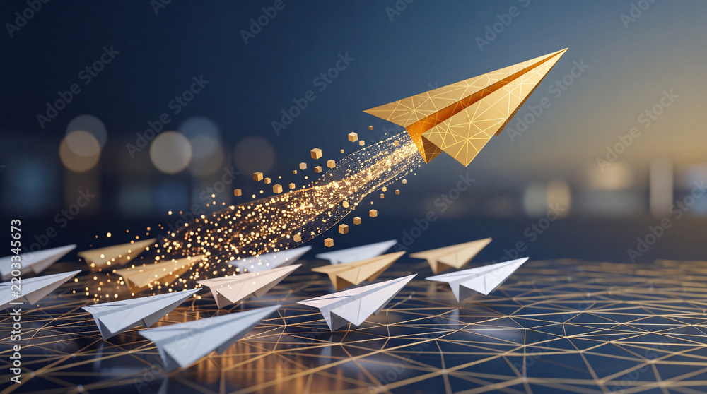 Obraz premium Conceptual representation of leadership and business growth showing a golden paper plane flying above others with glowing digital particles on a network background for innovation and success.