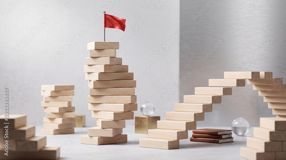 Obraz premium Career Growth and Achievement Concept with Wooden Blocks Tower and Red Flag on Top, Success Stairs Representing Professional Development, Strategy, Goal Setting, and Planning for Future Progress