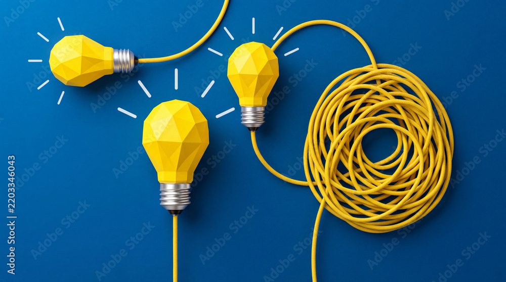 Obraz premium Creative thinking and problem solving concept featuring yellow low poly light bulbs connected to a tangled power cable on a blue background, symbolizing innovation, strategy and complex solutions.