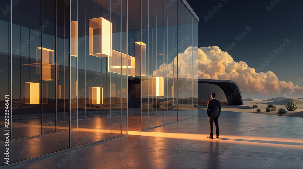 Fototapeta premium Businessman standing outside a modern futuristic glass building in a desert landscape at sunset, featuring glowing light installations inside and a dramatic sky with golden clouds.