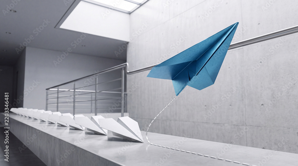 Fototapeta premium A Blue Paper Plane Soaring High Above a Row of Stationary White Planes in a Modern Minimalist Concrete Office Hallway, Representing Leadership, Innovation, Success, and Thinking Outside the Box.