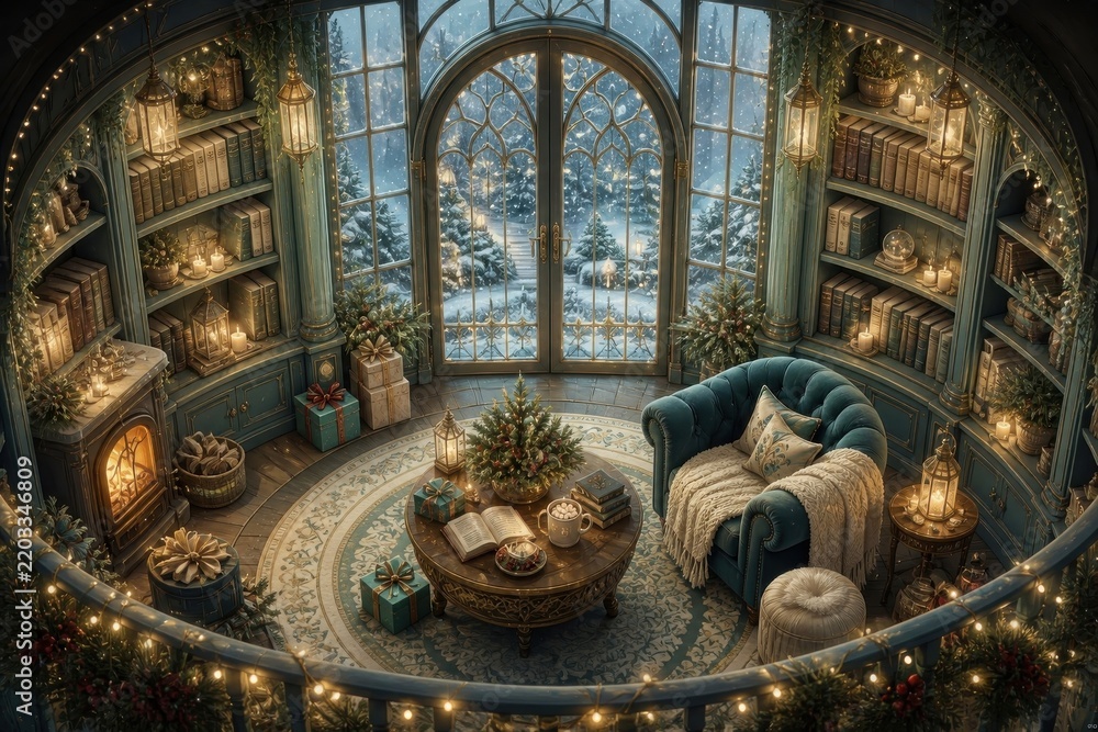 Naklejka premium Cozy winter reading room with magical holiday decor