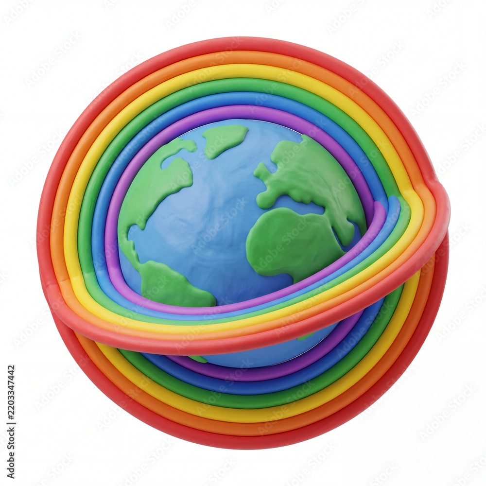 Obraz premium Clay earth globe with colorful rainbow rings on white background