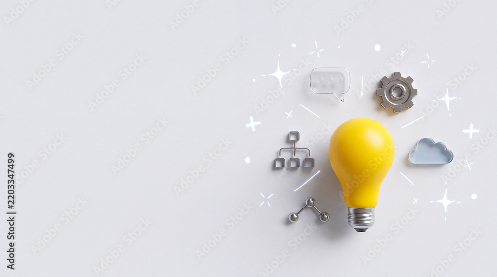 Obraz premium Innovative business concept featuring a bright yellow lightbulb surrounded by diverse digital icons including gears, cloud computing, and social networking on a clean minimalist white background