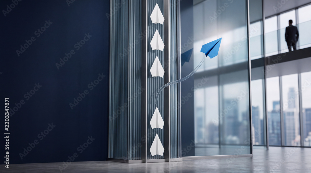 Obraz premium A blue paper plane breaking away from a vertical row of white planes in a modern glass office atrium, representing leadership, innovation, business strategy, and a unique career path.