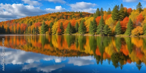 Vibrant fall colors reflected in the calm waters of Mayflower Lake amidst lush greenery and tall trees at Arrowhead Provincial Park