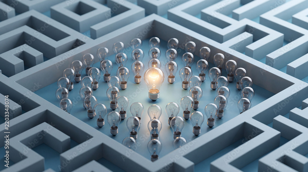 Obraz premium Glowing Light Bulb in the Center of a Complex Maze Labyrinth Symbolizing Innovation, Successful Creative Solutions, Leadership, and Finding a Way Out in Business Strategy and Logic Concepts
