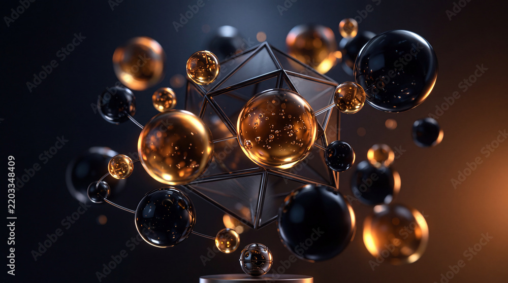 Fototapeta premium Futuristic Abstract 3D Render of Glowing Gold and Glossy Black Spheres Surrounding a Geometric Wireframe Structure in an Atmospheric Dark Space with Bokeh Lighting Effects