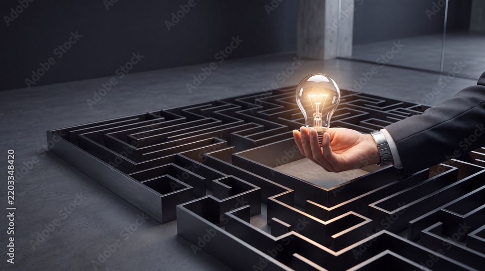 Obraz premium Businessman Holding a Glowing Light Bulb Above a Complex Maze Representing Innovation, Creative Problem Solving, Strategy, and Finding the Right Path in Challenging Corporate Situations.