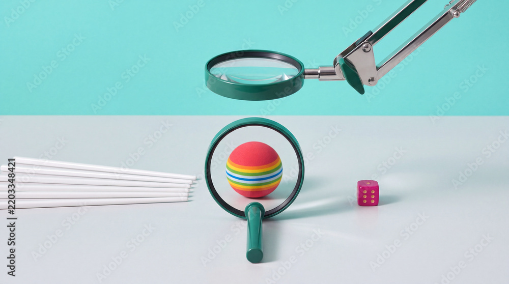 Obraz premium Conceptual still life featuring two magnifying glasses focusing on a small rainbow-colored ball, accompanied by a pink die and white sticks against a clean teal and white minimalist background.