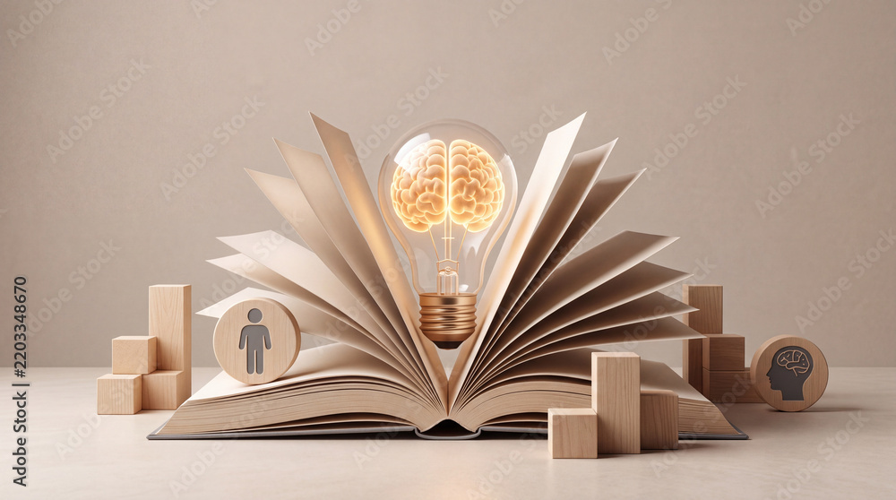 Fototapeta premium Conceptual 3D Illustration of a Glowing Light Bulb with a Human Brain Inside Emerging from an Open Book, Representing Education, Creative Thinking, Innovation, and Mental Potential Growth