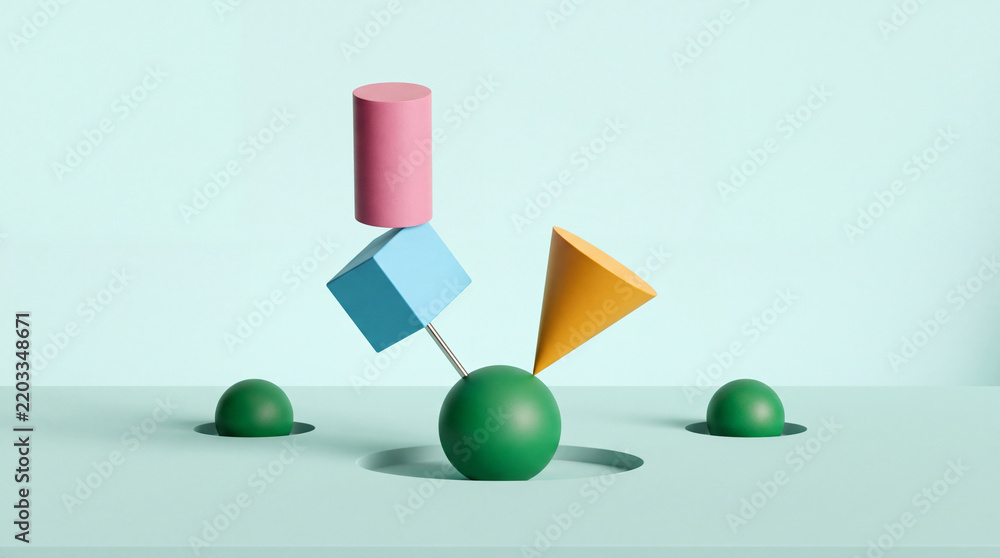Obraz premium Minimalist 3D Illustration of Balancing Colorful Geometric Shapes Including a Pink Cylinder, Blue Cube, and Yellow Cone on a Green Sphere, Representing Balance, Stability, and Creative Composition.