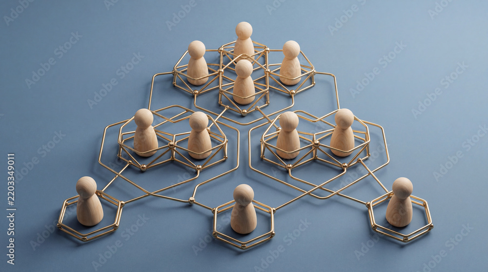 Obraz premium Conceptual Networking and Corporate Hierarchy Representation with Wooden Human Peg Figures Connected by Golden Wire Geometric Structures on a Blue Studio Background