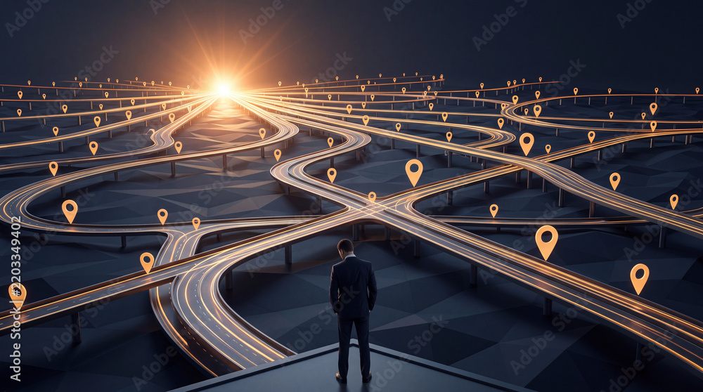 Fototapeta premium Businessman Standing on Edge Looking at Complex Network of Glowing Roads and GPS Map Location Pins Toward Bright Sun, Conceptual Strategy, Global Logistics, and Career Direction Visualization