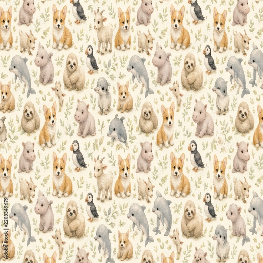 Fototapeta premium Seamless wrapping paper pattern dense cute corgi sloth hippo dolphin goat puffin with tiny leaves cream background soft painterly