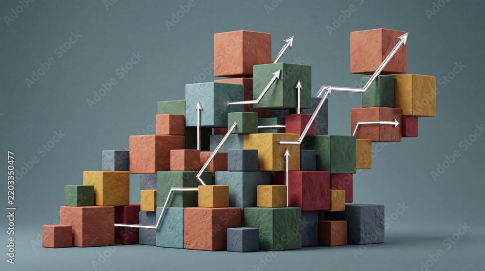 Obraz premium Abstract 3D illustration of stacked colorful stone cubes with white glowing arrows pointing upwards, symbolizing business growth, strategic success, financial progress, and complex data development