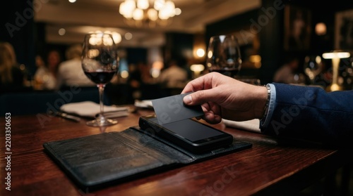 Man making a contactless payment with a credit card at a high-end restaurant table