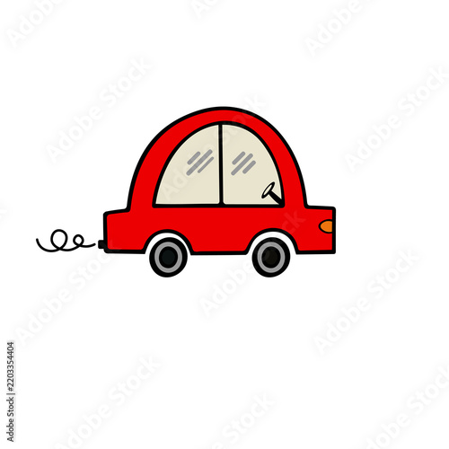 Simple red cartoon car illustration with a steering wheel, wheels, headlight, and curly exhaust smoke, isolated on a white background. Suitable for transportation, automotive, children's education, an