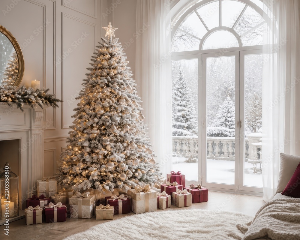 Fototapeta premium Elegant snowy Christmas tree in a cozy winter living room