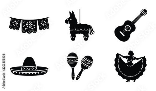 Mexican Fiesta Icons: Sombrero, Guitar, Pinata, Dancer, Maracas, Banner, Celebration Graphics