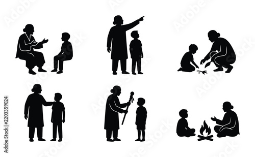 Adults Guiding Children: Mentorship, Teaching, and Support Vector Icons Set