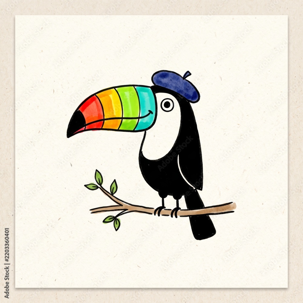Fototapeta premium Toucan bird sitting on a branch wearing a blue beret hat with rainbow beak tropical bird art