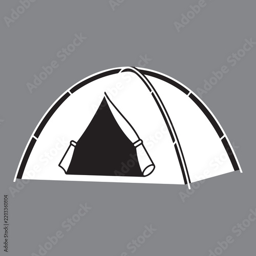 Black and white illustration of a dome tent silhouette on a gray background