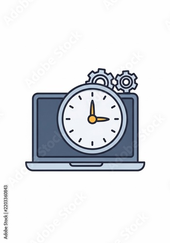 Digital clock on laptop screen with gears.