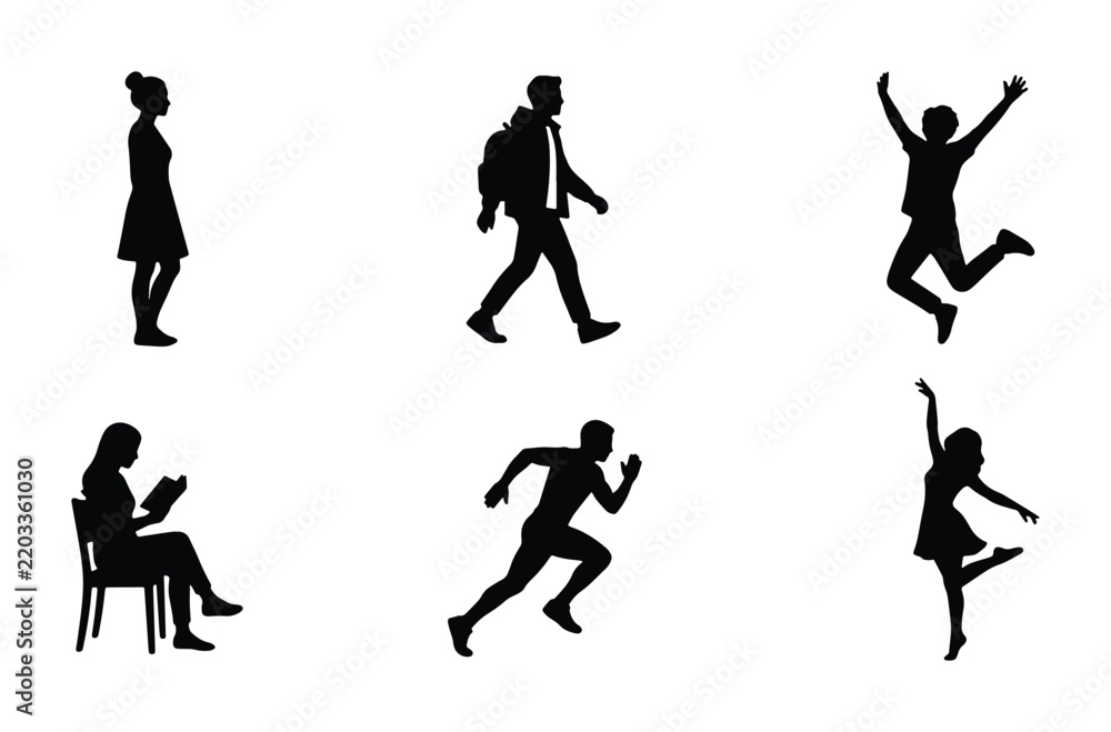 Obraz premium Diverse Human Silhouettes: Walking, Reading, Jumping, Running, Dancing, Posing Vector Set