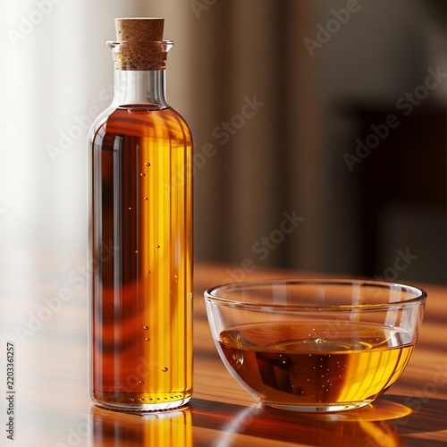Golden liquid in glass bottle and bowl on wooden surface.