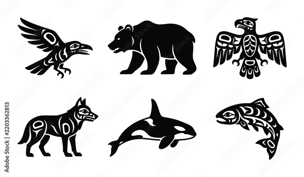 Fototapeta premium Indigenous Art Style Vector Icons: Raven, Bear, Eagle, Wolf, Orca, Salmon, Tribal Motifs