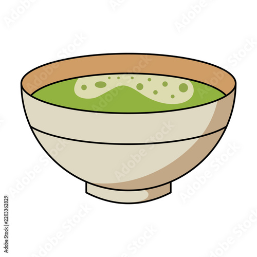 A bowl of vibrant green matcha tea, frothed with tiny bubbles, presented in a traditional ceramic bowl