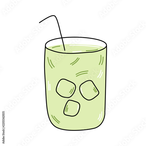 A refreshing green beverage with ice cubes and a straw in a clear glass. The drink appears cool and inviting, perfect for a hot day