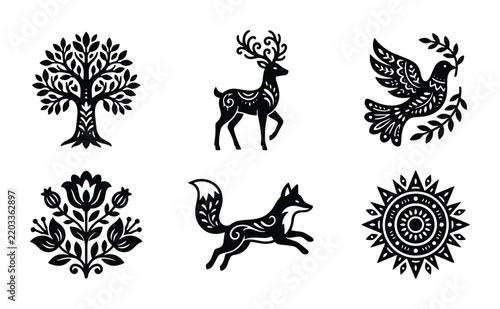 Folk Art Icons: Stylized Deer, Fox, Tree, Dove, Sun, and Floral Emblem Vector Set