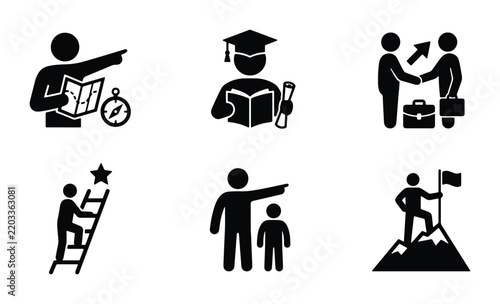 Business Success Icons: Achievement, Education, Guidance, Partnership, Goals, Strategy Vector Set