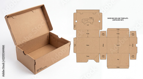Cardboard box and unfolded die line template on white background