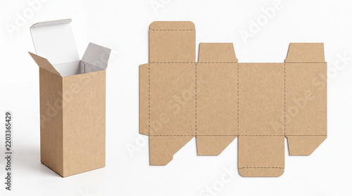 Kraft paper cardboard box packaging mockup and flat die cut layout
