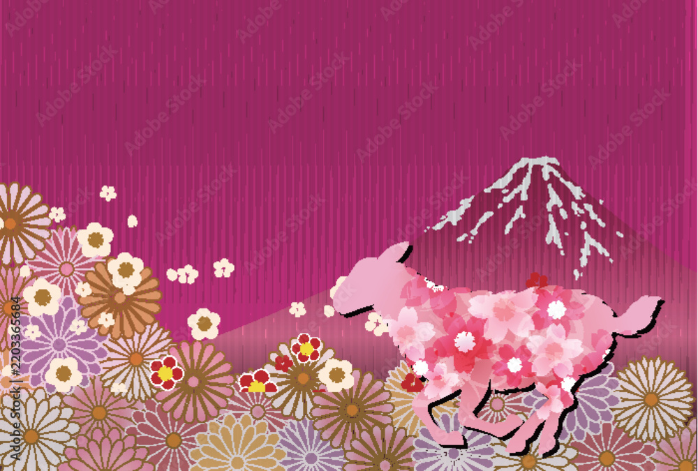 Obraz premium 富士山と花々をモチーフにしたピンク色の和風デザイン