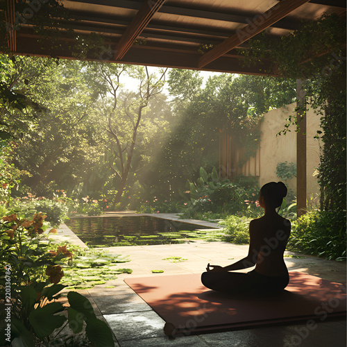 Calm woman practicing meditation in a peaceful garden surrounded by vibrant plants and gentle sunlight