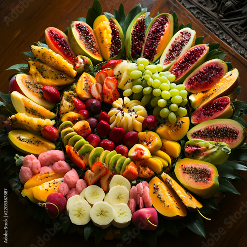 Colorful variety of fresh fruits beautifully arranged on an elegant serving platter