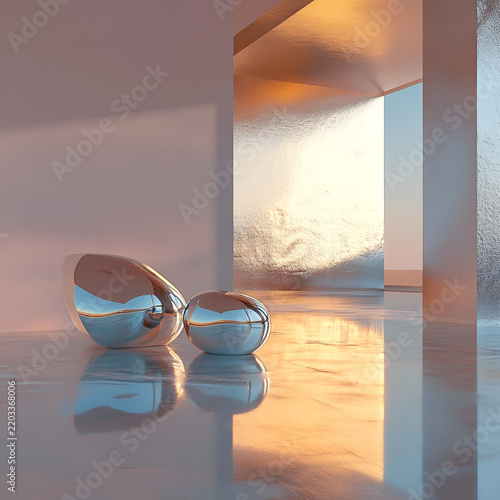 Modern abstract interior decor featuring shiny sculptures and gentle lighting creating a serene atmosphere