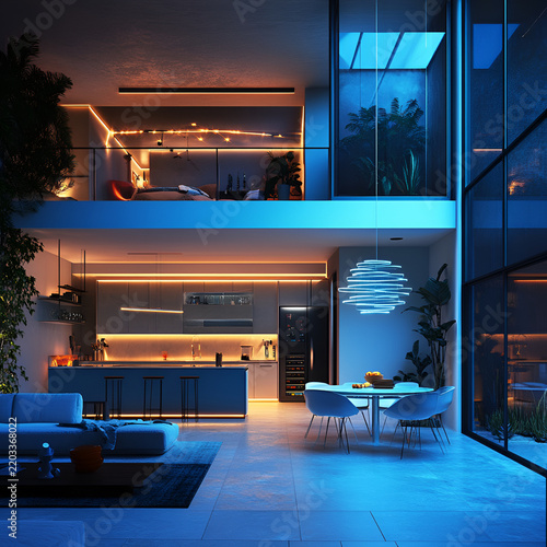Stylish minimalist kitchen and living area featuring ambient lighting in a contemporary home interior design