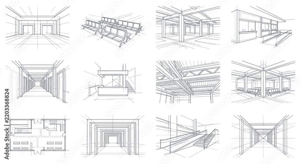 Fototapeta premium Modern Architectural Sketch Collection of Minimalist Black and White Interior Design Concepts and Floor Plans