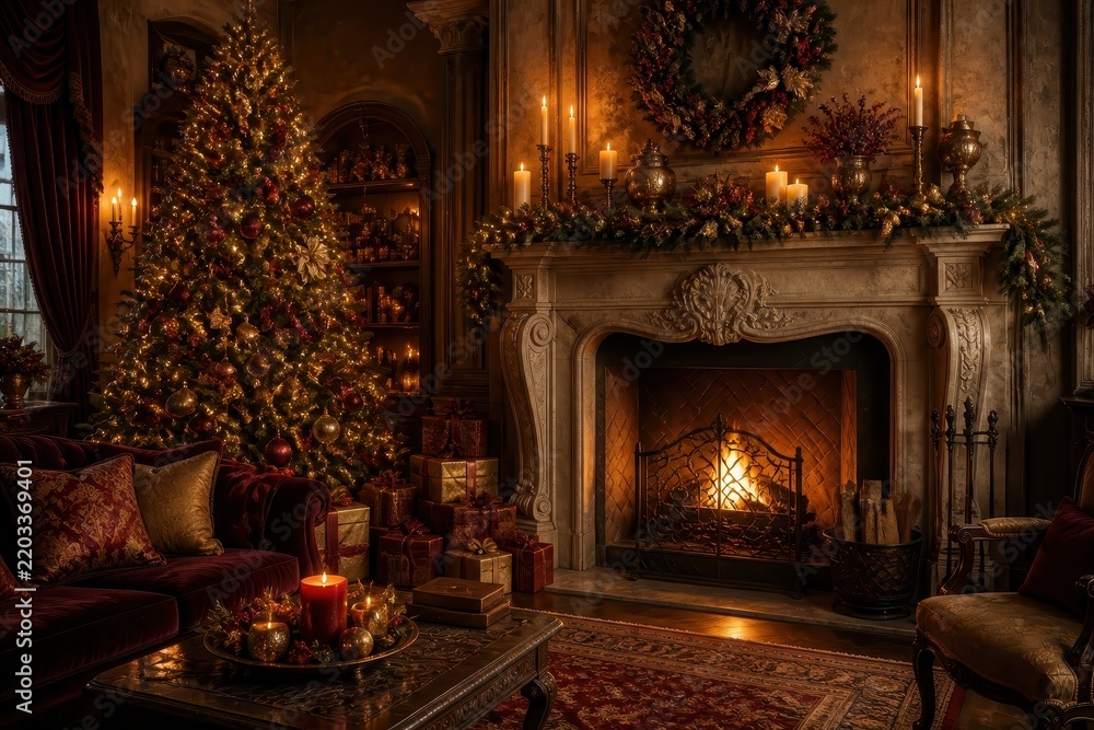 Fototapeta premium Cozy Christmas living room with fireplace and decorated tree