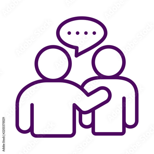Purple line art icon representing two people communicating and sharing ideas transparent background