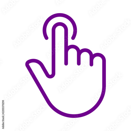 Purple outline icon of a hand gesture representing a single tap or touch command transparent background