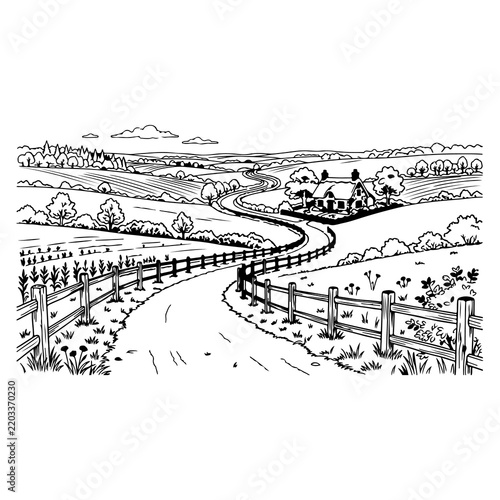 Rural winding road with fenced fields and countryside house