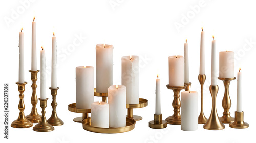 Set of lit white candles on golden candlesticks isolated on transparent background