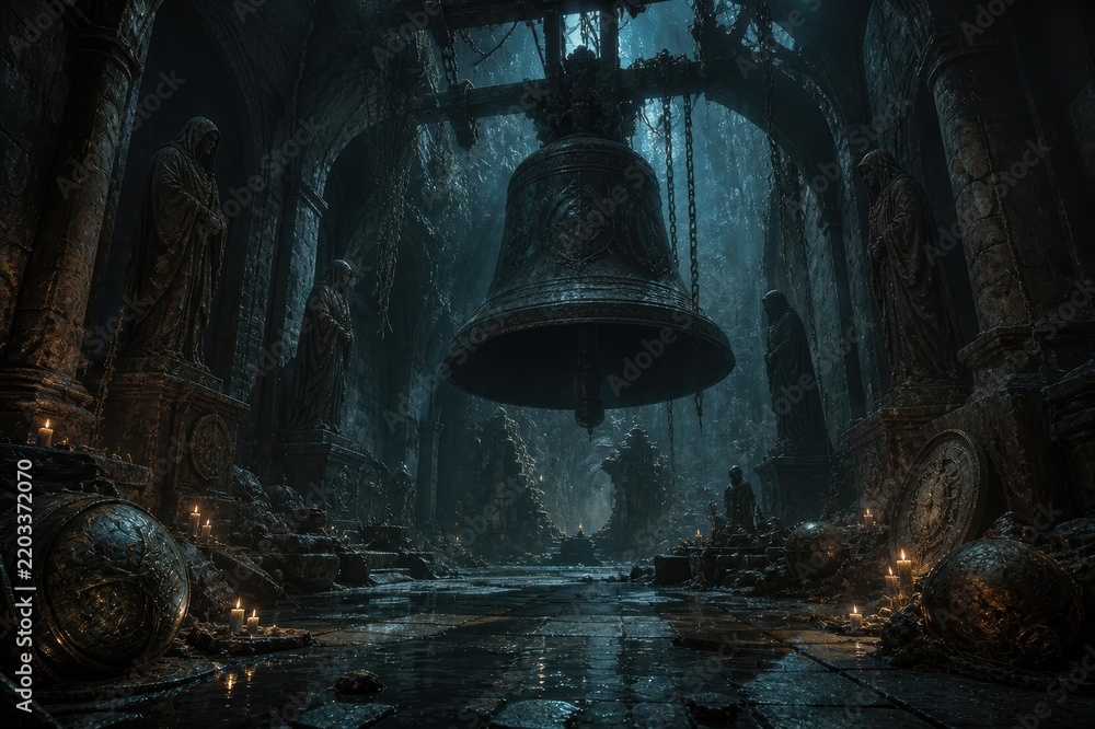 Fototapeta premium Dark mystical temple interior with giant hanging bell