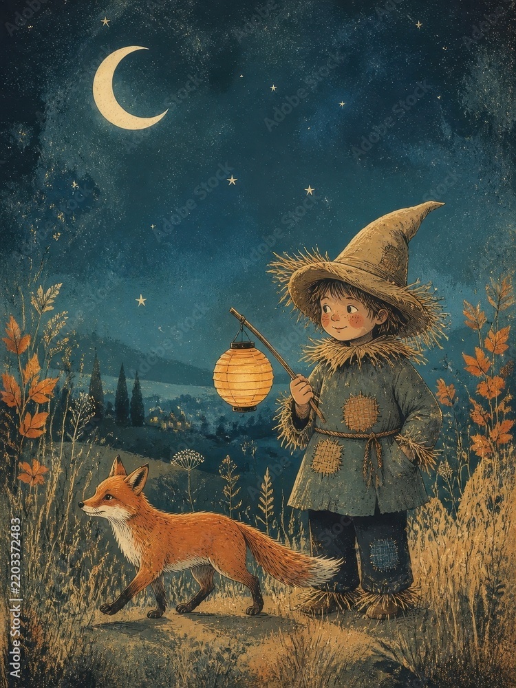 Obraz premium Whimsical child witch with lantern and fox under starry moon